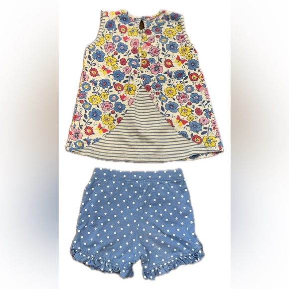 Minibamba 2T Blue Floral Sleeveless Top w/ Blue Polka Dot Ruffle Shorts - Picture 3 of 3